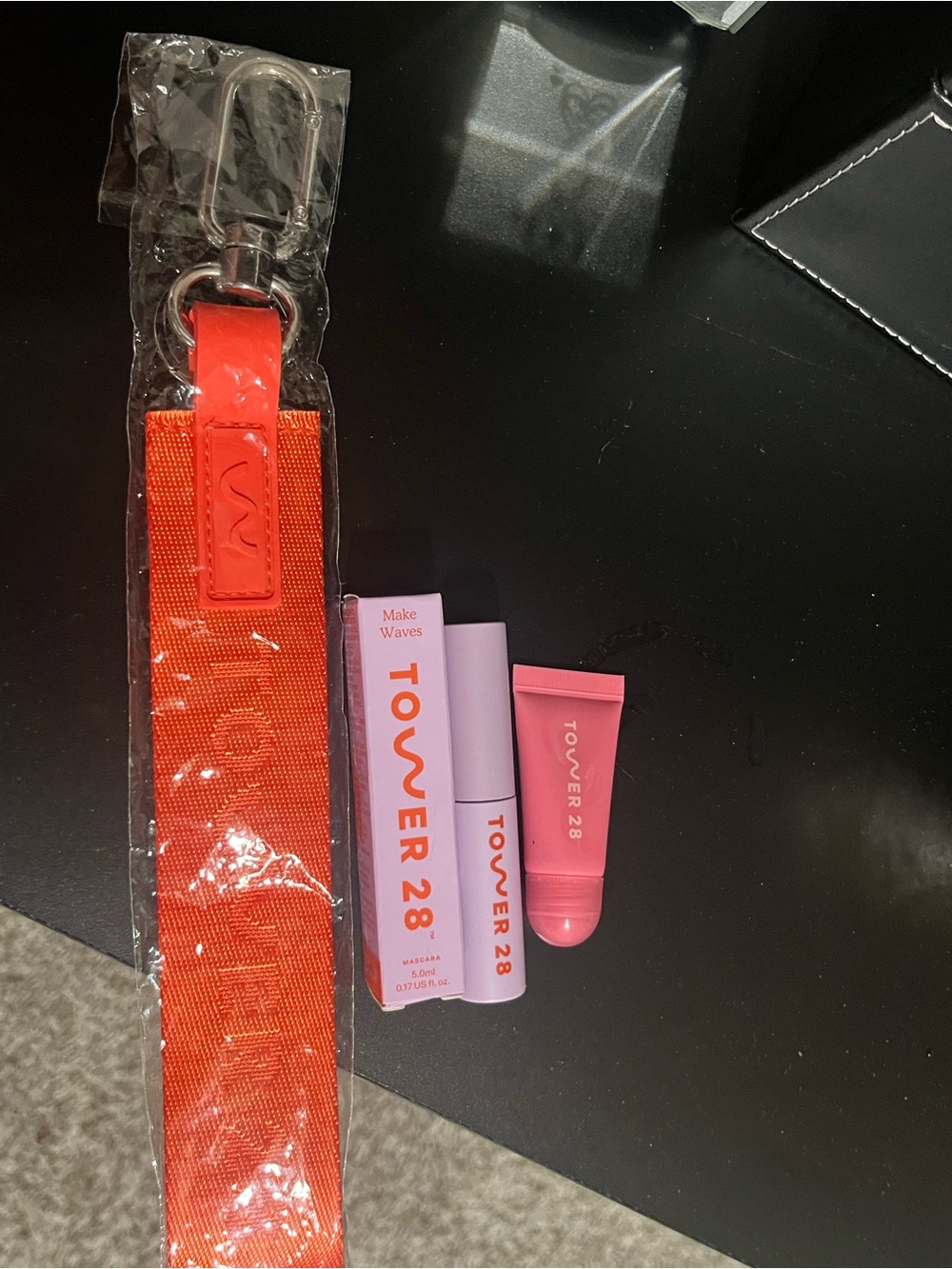 Tower 28 Pink Lip Tint & Mascara Set with Red-Orange Key Fob Strap